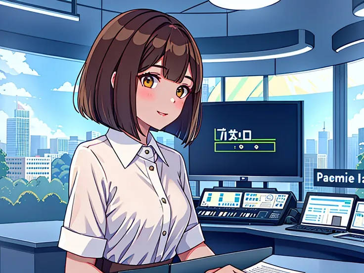 news studio, faceless office lady, brown hair, bob cut, upper body, leading news, small wipe of park, detailed news program, [pi...