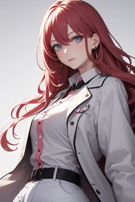 bonibel scientist Beautiful 50-year-old woman with long, wavy red hair with pink highlights, pierced ears, honey-colored eyes, open white doctors coat, blue jeans, white shirt with candy print, black belt, looking directly at the viewer. a white background...