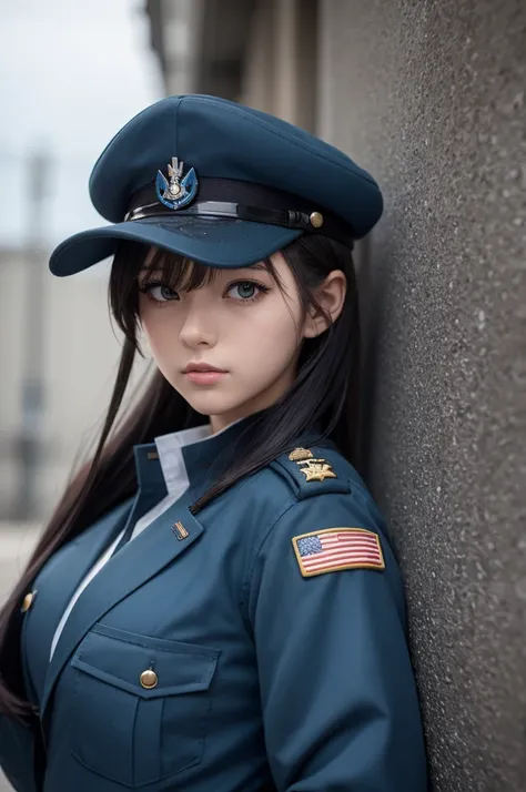 An anime girl in blue military clothing 