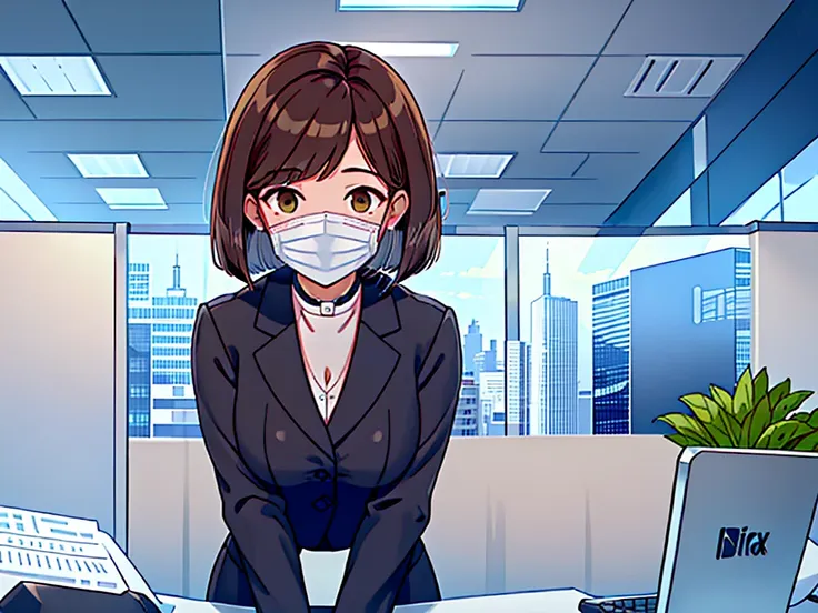 news studio, (((faceless office lady))), brown hair, bob cut, upper body, leading news, small wipe of park, detailed news progra...