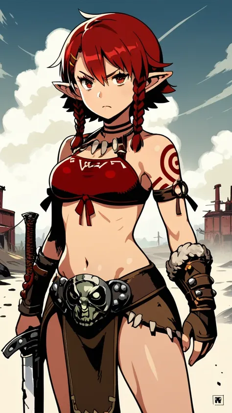 score_9,source_anime,1girl,standing,red hair,beautiful_detailed_eyes,short hair,braided hair,waist up,looking at viewer,wearing barbarian outfit,angry,frown,wasteland background,sword,elf ears,tribal tattoos, 