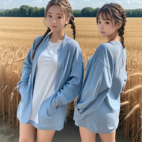 One Woman、Cute face、Also々New Expressions、Japanese、Attractive eyes、Chestnut mesh hair:1.5、French Braid、18-year-old、Grey Eyes、Camisole dress、Blue outerwear、Outdoor、Alsoとした佇まい、Wheat field