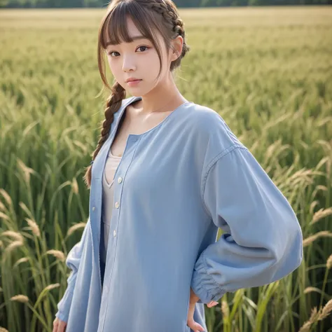 One Woman、Cute face、Also々New Expressions、Japanese、Attractive eyes、Chestnut mesh hair:1.5、French Braid、18-year-old、Grey Eyes、Camisole dress、Blue outerwear、Outdoor、Alsoとした佇まい、Wheat field