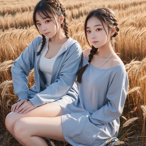 One Woman、Cute face、Also々New Expressions、Japanese、Attractive eyes、Chestnut mesh hair:1.5、French Braid、18-year-old、Grey Eyes、Camisole dress、Blue outerwear、Outdoor、Alsoとした佇まい、Wheat field