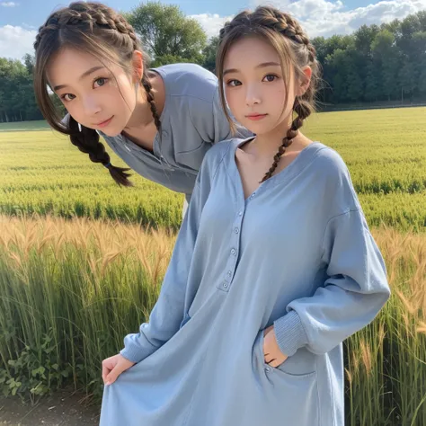 One Woman、Cute face、Also々New Expressions、Japanese、Attractive eyes、Chestnut mesh hair:1.5、French Braid、18-year-old、Grey Eyes、Camisole dress、Blue outerwear、Outdoor、Alsoとした佇まい、Wheat field