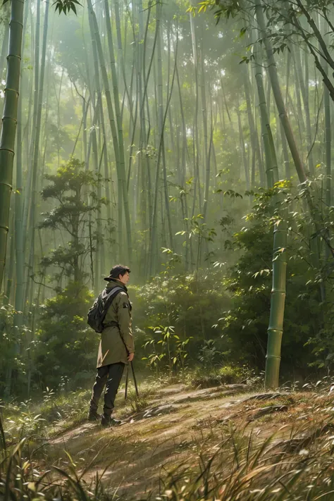 (Best quality,A high resolution,Ultra-detailed,Realistic:1.2),2023 a man standing at bamboo forest,（promotional poster）。