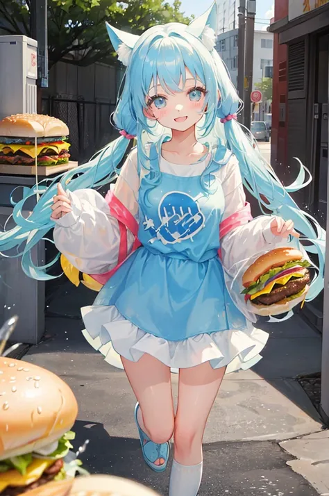 Light blue long hair、Beautiful girl with twin tails、Being chased by a hamburger、Hamburgers galore、Pile of hamburgers、Girl buried in burgers、A happy smile、Splash Art