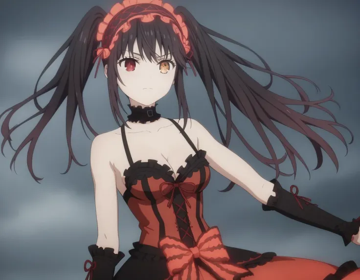 kurumi tokisaki, black hair, red eyes, long hair,
twintails, yellow eyes, hairband, heterochromia, dress, red dress, bare shoulders, collarbone, choker, bowtie, red bowtie, detached sleeves, corset, frills, cleavage,