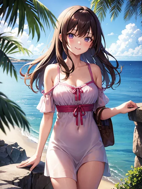 Location in Japan, Anime 1 girl, Brown hair, Eye color at the top is blue to the bottom is slightly purple, Cute face, Slim body, firm breasts, Slightly messy hair, smooth white skin like Mutia, Midnight on the beach, looking at the beach view, wearing a s...