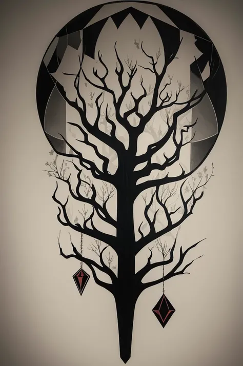 A surrealist geometric style tattoo of a poisoned tree with its fruit based on the fruit of the poisoned tree theory of criminal law