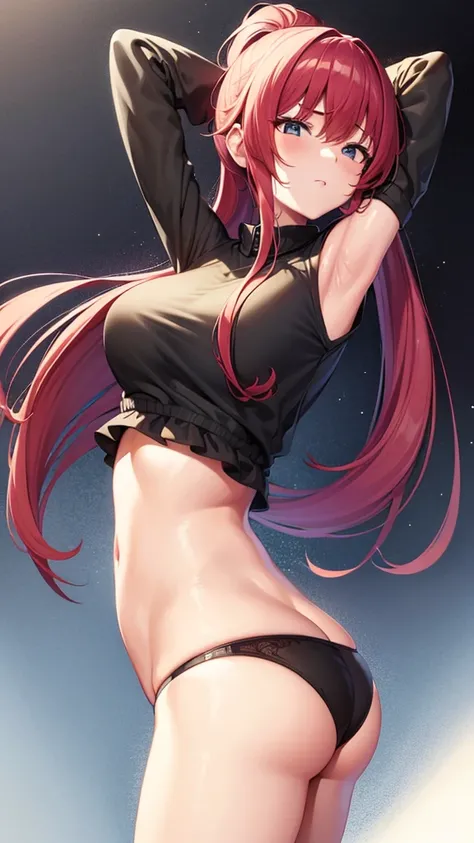 1girl, underwear, tight shirt, lingerie, big chest, long torso, red hair, ponytail, shiny skin, cupboard stretching upwards