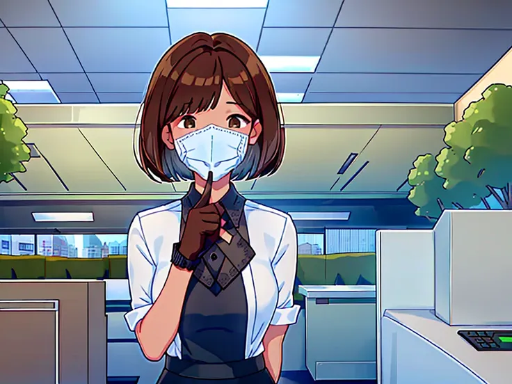 news studio, (((faceless office lady))), brown hair, bob cut, upper body, leading news, small wipe of park, detailed news progra...