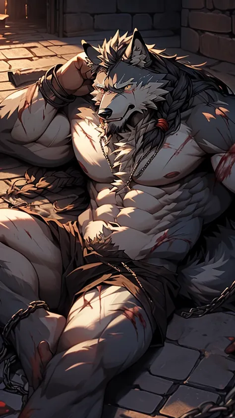 (best quality), (photorealistic:1.2), (masterpiece:1.3), (realistic detail:1.2), highest quality, ultra detailed, 8k, RAW photo, (mature male wolf:1.3), (general),(defeated),(damaged body),(extreme detail:1.3), (gray fur:1.2), facial hair, long hair, white...