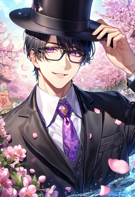 Ultra detailed, highres, absurdres, HDR, master piece, Hirato, black hair, hair is parted to the left which sticks out at the ends, expressive violet eyes, Karneval, fantasy, pink petals, water, pink flowers, handsome, sexy man, solo, best quality, blossom...