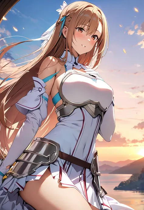 ((masterpiece)), Highest quality, Very detailed,(One Girl),Yuki Asuna、Asuna (stay), brown eyes, bare shoulders, breastplate, armor, detached sleeves, gloves, white gloves, (red and white dress), Long Hair, Beautiful background ,Clothing,  chest, (((aroused...