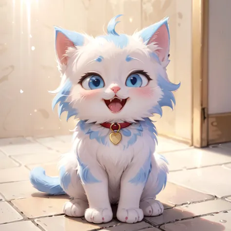 an adorable cartoon-style kitten sitting in a cute pose. the kitten has a fluffy blue and white fur pattern with large, expressi...