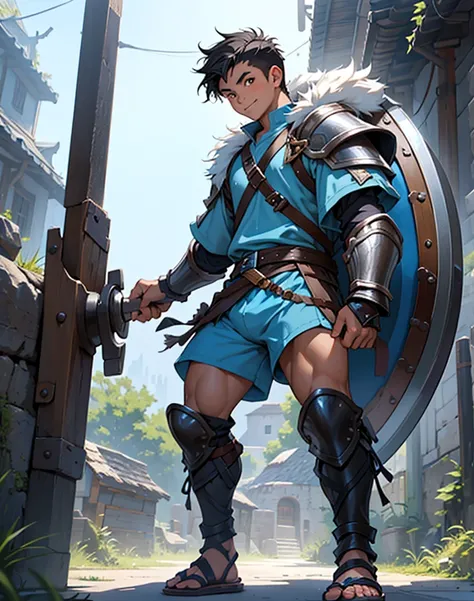 Young 13-year-old boy with black hair and brown eyes, innocent and happy, dressed in short neon-blue medieval barbarian clothes, fur shorts, light-blue battle armor, weilding silver sword and shield, sandals; fullbody; short hair, boyish athletic, sexy,