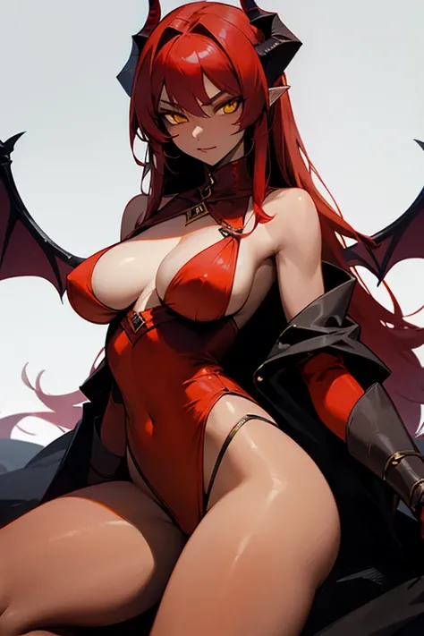 a tall demon woman with red hair and brown skin with yellow eyes dressed as the demon queen with horns and breasts sexy thighs