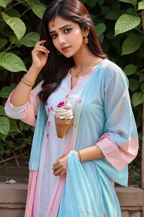 Ek Sundar ladki Jo khet mein hai Jo 19 sal ki hai jiske galon per jiks hai aur jiski icecream color hai aur uske kapde bahut old hai