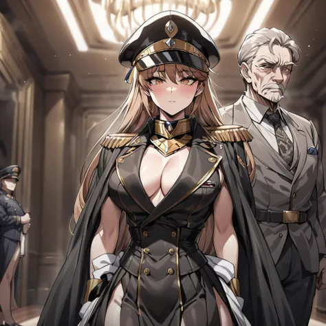 ((Highest quality)), ((masterpiece)), (detailed), （Perfect Face）、The woman is Princess Leona, with medium-long light brown hair, wearing a sexy black military uniform and cap, and is in a luxurious room being held by a strong, dignified, and powerful old m...