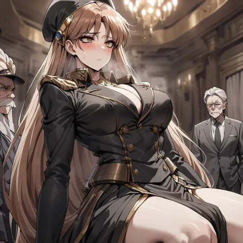 ((Highest quality)), ((masterpiece)), (detailed), （Perfect Face）、The woman is Princess Leona, with medium-long light brown hair, wearing a sexy black military uniform and cap, and is in a luxurious room being held by a strong, dignified, and powerful old m...