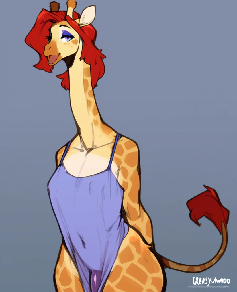 Masterpiece, hi res, absurdres, Best Quality, detailed, 4K, 8K, detailed,HD, By bebebebebe, by wsache, by greasymojo, by inu-sama, solo,tall,detailed eyes, male,girly, androgynous,makeup, giraffe anthro,giraffe, red hair,long hair, long neck, Open mouth, t...