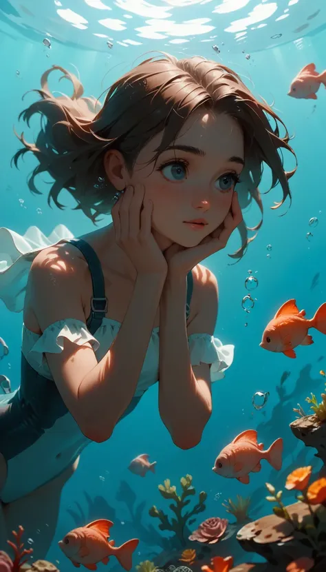 Minimalist Travel，diving，，The girl has her hand on her cheek, Gazing into the distance, Thoughtful、Or reflect a dreamy pose, Convey a sense of serenity and depth, Dutch Angle,Minimalism, Underwater, figure.