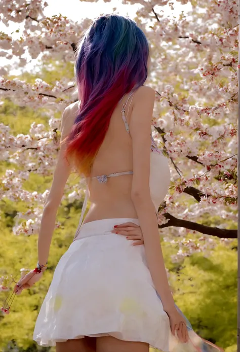 A lovely woman (miniskirt, rainbow hair, tube top) is a tourist in Japan, she is walking through a park while the cherries are in bloom, view from behind
