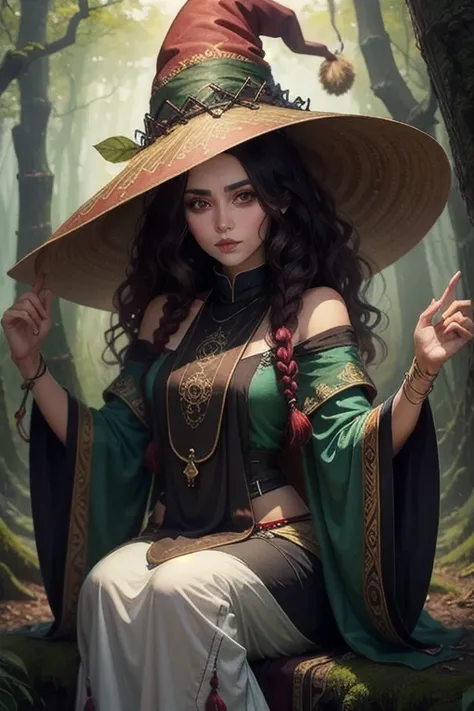 Artwork of a forest witch mukher, mysticism, curly hair, Brunetette, dark shaped eyes, with witch hat