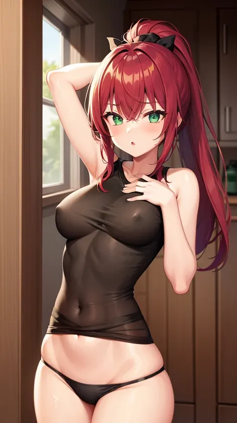 1girl, underwear, tight shirt, lingerie, big chest, green eyes, long torso, red hair, ponytail, shiny skin, cupboard stretching upwards