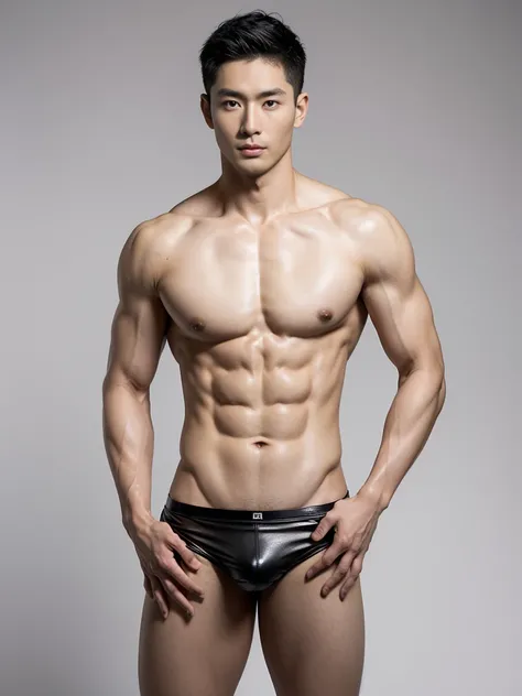 Chinese male actor in a briefs, handsome Chinese guy, handsome man, Full Body Shoot, photoshoot, portrait, look at camera, detailed facial parts, Manly, Charmer, Active Boy, standing, top tied up with rope, rope bondage, strangled with rope, harness, wrapp...