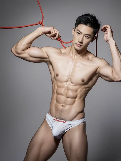 Chinese male actor in a briefs, handsome Chinese guy, handsome man, Full Body Shoot, photoshoot, portrait, look at camera, detailed facial parts, Manly, Charmer, Active Boy, standing, top tied up with rope, rope bondage, strangled with rope, harness, wrapp...