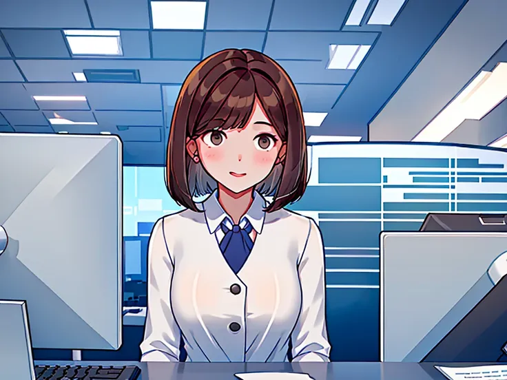 news studio, (((faceless office lady))), brown hair, bob cut, upper body, leading news, small wipe of park, detailed news progra...