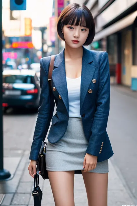 a 19 year old face of the most beautiful actress in the world, the perfect body proportions of a female, blazer is worn with shirt on female upper body, vagina in panties between bare legs are almost seen thanks to skirt is too short, the short hair cut of...