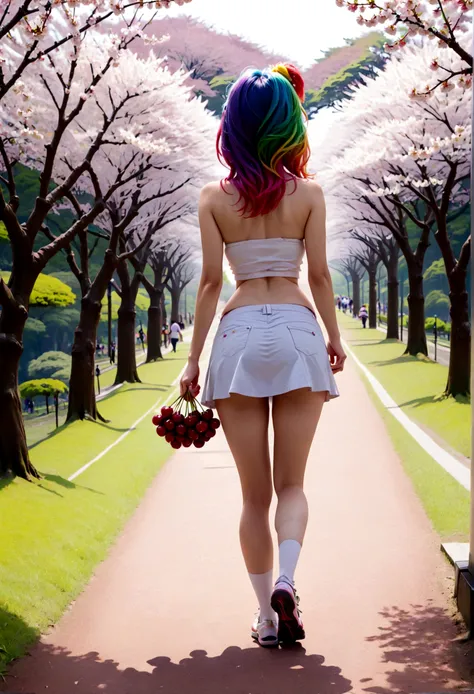 A lovely woman (miniskirt, rainbow hair, tube top) is a tourist in Japan, she is walking through a park while the cherries are in bloom, view from behind
