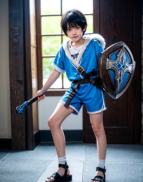 Young 13-year-old boy with black hair and brown eyes, innocent and happy, dressed in short neon-blue medieval barbarian clothes, fur shorts, light-blue battle armor, weilding silver sword and shield, sandals; fullbody; short hair, boyish athletic, sexy,