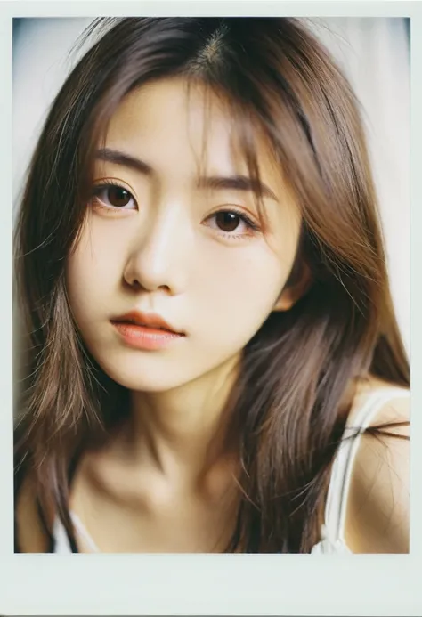 Japanese girl, 18-21 years old, brown hair, high-quality photo portrait, shot on a Polaroid camera, double eyelid --ar 34:65 --style raw