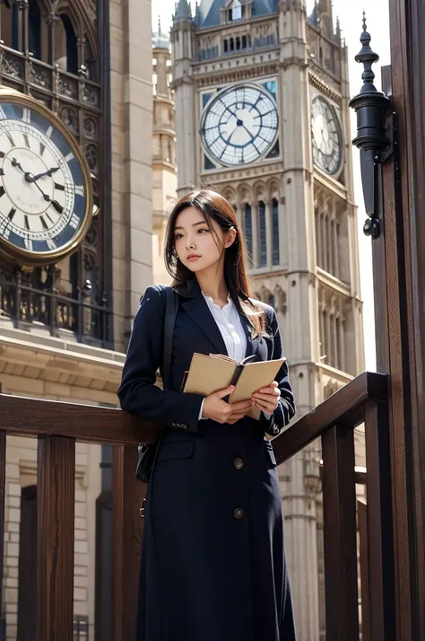 Beautiful woman holding a book standing in front of the clock tower,