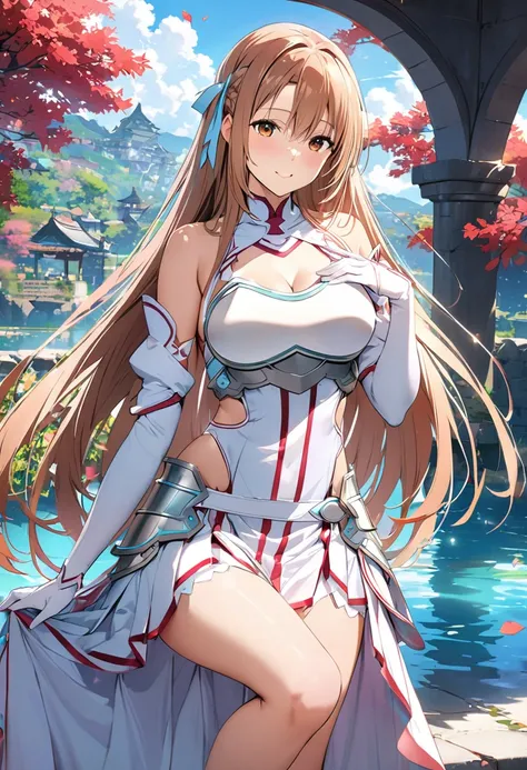 ((masterpiece)), highest quality, very detailed,(one girl),yuki asuna、asuna (stay), brown eyes, bare shoulders, breastplate, arm...