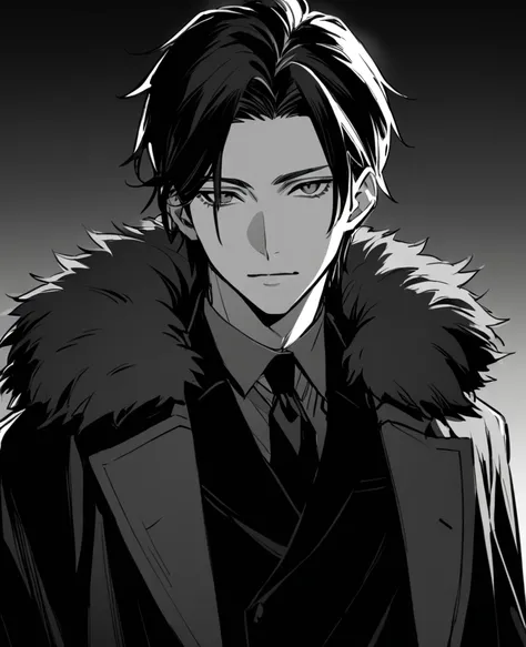 yuto-sano, 1boy, Kaneki, black hair, black suit, black long sleeves, fur coat, elegant, monochrome, solo, greyscale, male focus, looking at viewer