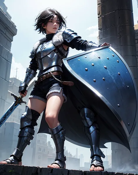 Young 13-year-old boy with black hair and brown eyes, innocent and happy, dressed in short neon-blue medieval barbarian clothes, fur shorts, light-blue battle armor, weilding silver sword and shield, sandals; fullbody; short hair, boyish athletic, sexy,