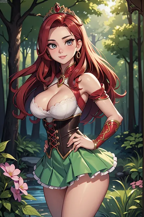 the overall theme and style should feel like. a hybrid of fairytale and Science Fiction. extremely beautiful model, 20 years old female, long bright fire red hair, hair that has a mettalic glimmer and sheen. realistic, perky breasts, cleavage,, oppulent fo...