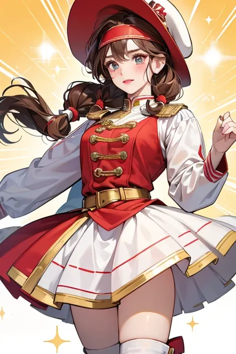 Majorette has white skin with faint red blushed cheeks and lipstick. Her eyes are blue, an her brown hair is worn in low braided pigtails. She wears a red and gold marching hat with a headband. Her red dress has gold and white detail with three straps on t...