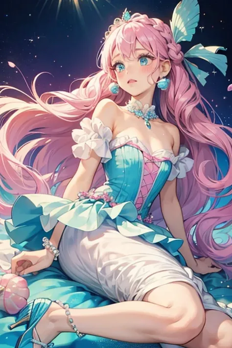 Merbaby has tan skin and light blue eyes with spread eyelashes. Her lipstick and blush is pink. She has lavender hair worn in cornrows, with several tiny curls framing her face. On her headpiece are two pearl chains, one made from tiny pearls. Her dress is...