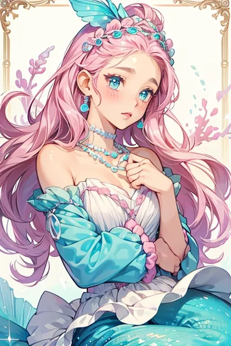 Merbaby has tan skin and light blue eyes with spread eyelashes. Her lipstick and blush is pink. She has lavender hair worn in cornrows, with several tiny curls framing her face. On her headpiece are two pearl chains, one made from tiny pearls. Her dress is...