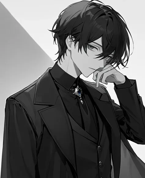 yuto-sano, 1boy, kaneki, black hair, black suit, black long sleeves, fur coat, elegant, monochrome, solo, greyscale, male focus,...