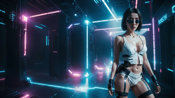 Cyberpunk female plagiarist immersed in digital theft, neon-lit alias within a vast online labyrinth, grotesque grunge brushing into surrealism, illuminated by kaleidoscopic volumetric light, a detailed masterpiece reminiscent of Moebius distinctive style,...