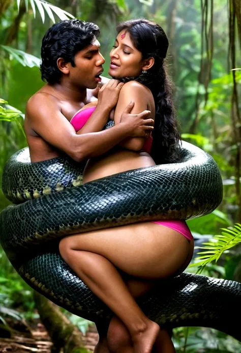 Pregnant Topless  pink thong wearing aroused horny beautiful happy young Indian teen girl vs  Giant colossal black anaconda monster wrapped around her body squeezing her in coiled embrace cuddling and kissing  sexual erotic bestiality  sex  realistic in th...