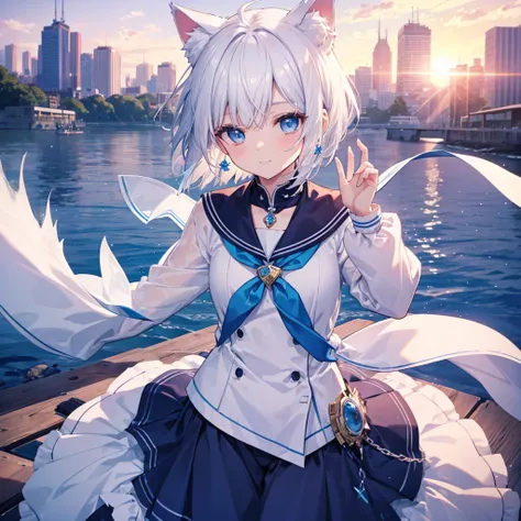 White Hair　blue eyes　short hair　Have　student　Cat ear　nice　Blue Earrings　necklace　gloves　beauty　thin　Sailor suit　Fantasy　smile　sunset　Fluffy hair