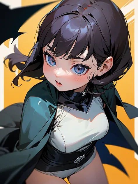 Create a female character(child)5-year-old who is Bruce Wayne&#39;s adopted daughter,she has crimson eyes,wavy black hair,bangss,is holding a stuffed penguin and her clothes are cute, make the character anime style